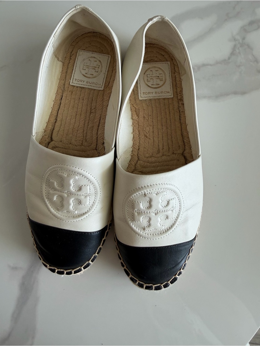 Tory Burch Two-Tone White Leather Espadrilles with Black Toe Cap